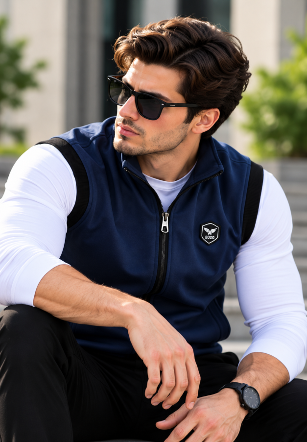 Eternity Men Premium Sleeveless Mock Neck Navy Blue Zipper