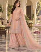 PC-931 Embroidered Silk Shirt with Flared Sharara & Cutwork Organza Dupatta - 3 Pcs