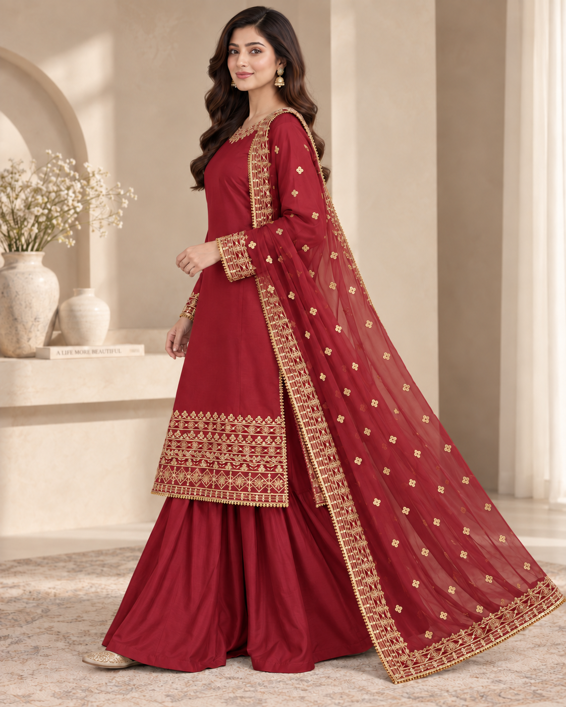 PC-911 Embroidered Silk Kameez with Sharara & Net Dupatta - 3 Pcs