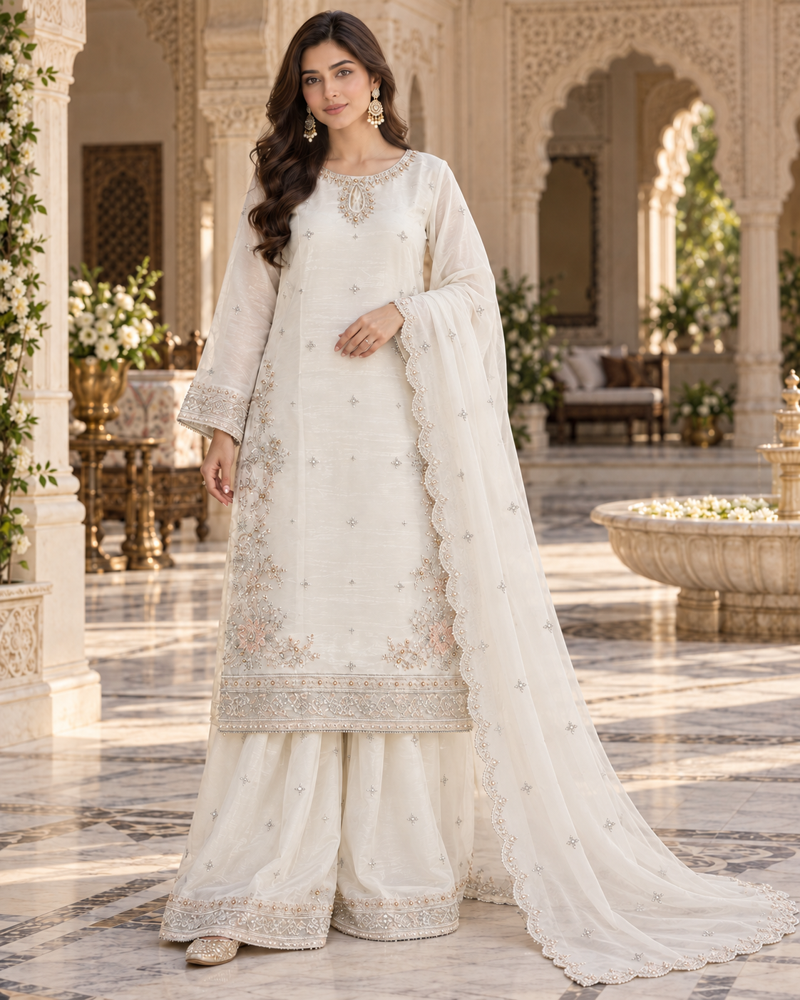 PC-93 Embroidered Silk Shirt with Flared Sharara & Cutwork Organza Dupatta - 3 Pcs