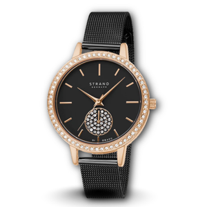 Strand S705LXVBMB ladies fashion wrist watch in black mesh chain & stone engraved black dial.