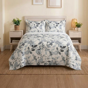 Grey Botanical Leaf Bedsheet Set – Floral Foliage Print for Single & Double Beds with 2 Pillowcases
