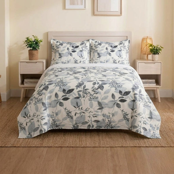 Grey Botanical Leaf Bedsheet Set – Floral Foliage Print for Single & Double Beds with 2 Pillowcases