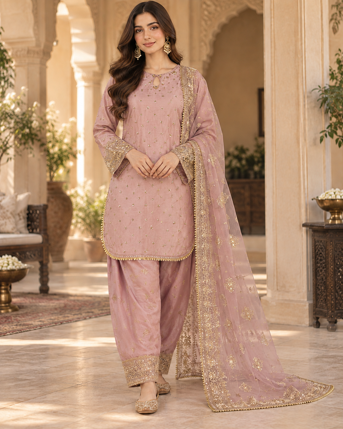 PC-92 Embroidered Silk Kurti with Tulip Shalwar & Organza Dupatta - 3 Pcs
