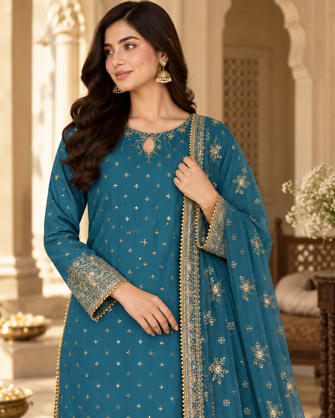 PC-921 Embroidered Silk Kurti with Tulip Shalwar & Organza Dupatta - 3 Pcs