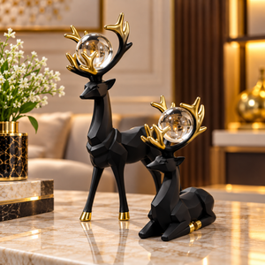Black & Gold Deer Couple Showpiece with Crystal Balls