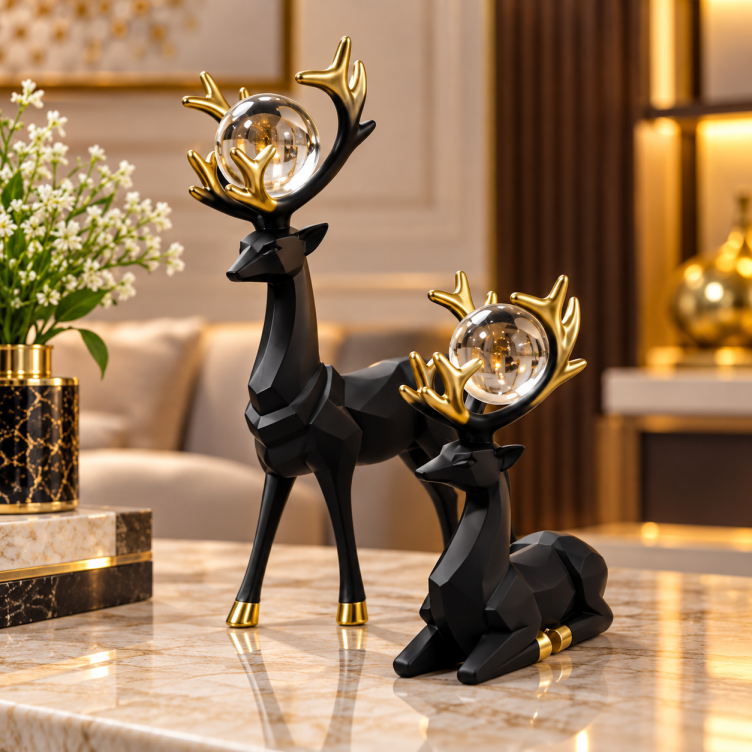 Black & Gold Deer Couple Showpiece with Crystal Balls