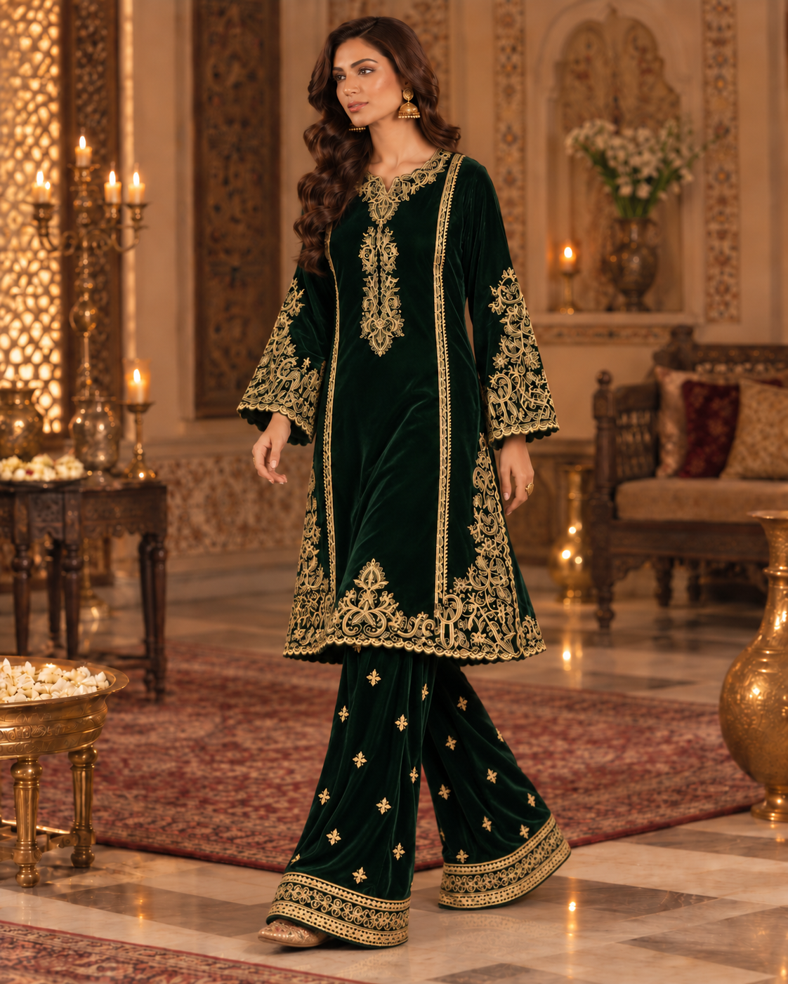 PC-95 Embroidered Micro Velvet Kurti with Plain Straight Trouser - 2 Pcs
