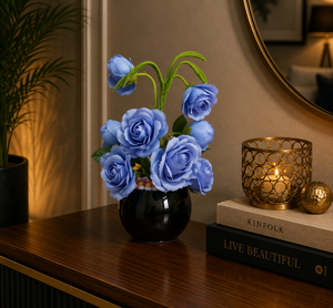 Luxury Artificial Blue Rose Flower Arrangement in Black Ceramic Vase | ch 0049