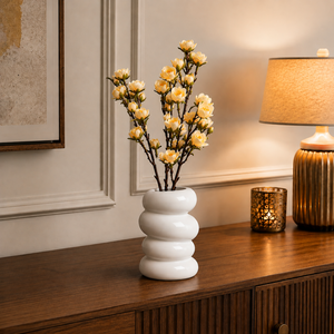 Luxury Artificial Pink Cherry Blossom Arrangement with Modern White Ceramic Vase CH0076C