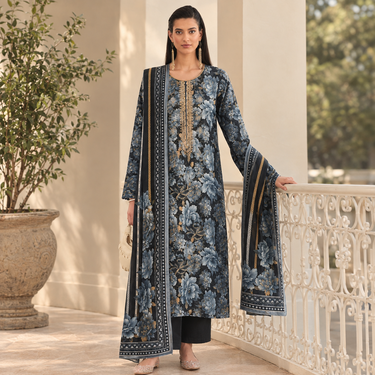 A051 Unstitched Embroidered Khadder Suit - 3 Pc