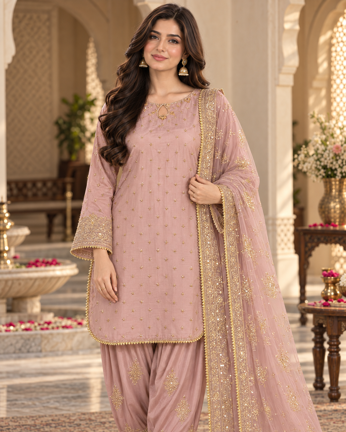 PC-92 Embroidered Silk Kurti with Tulip Shalwar & Organza Dupatta - 3 Pcs