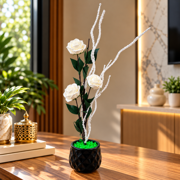 Artificial White Rose Flower Arrangement with White Decorative Branches & Black Pot CH 00321