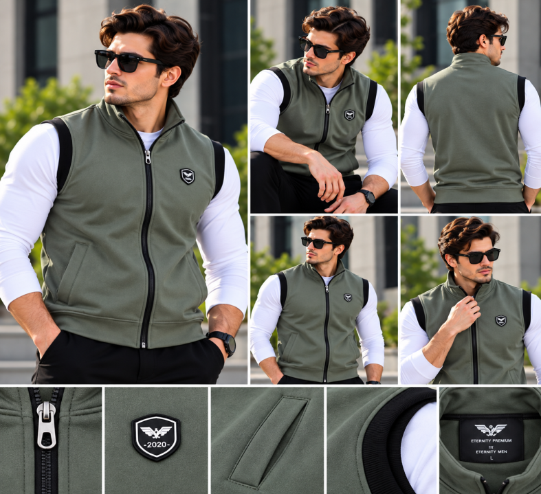 Eternity Men Premium Sleeveless Mock Neck Olive Green Zipper
