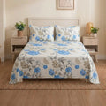 ELOVÉRY Cotton Floral Print Bedsheet Set – Blue & Grey Flowers on Ivory