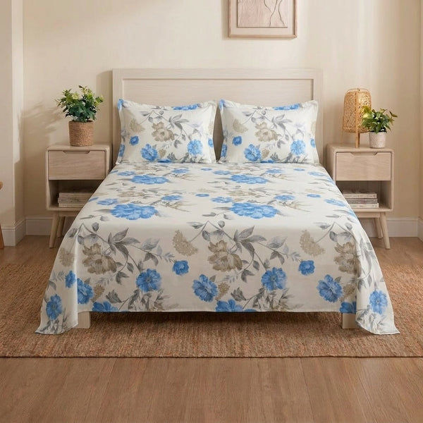 ELOVÉRY Cotton Floral Print Bedsheet Set – Blue & Grey Flowers on Ivory