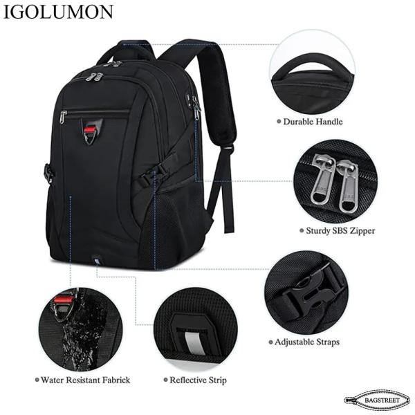 IGOLUMON 17.3" Business and Travel Laptop Backpack for Men and Woman with USB Port, Black