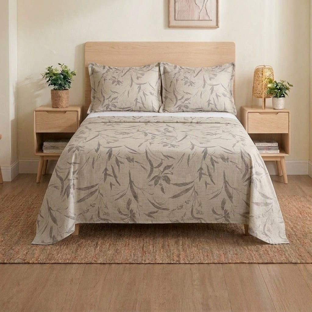 Printed Bedding Set – Soft Neutral Floral Bedsheet set with 2 Matching Pillowcases