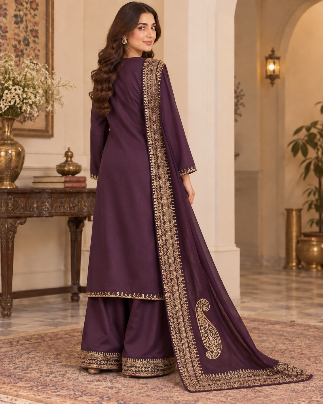 PC-94 Embroidered Silk Kameez with Flared Trouser - 3 Pcs