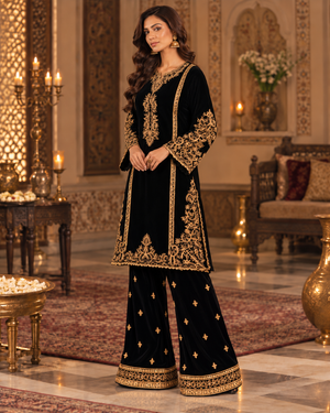 PC-951 Embroidered Micro Velvet Kurti with Plain Straight Trouser - 2 Pcs