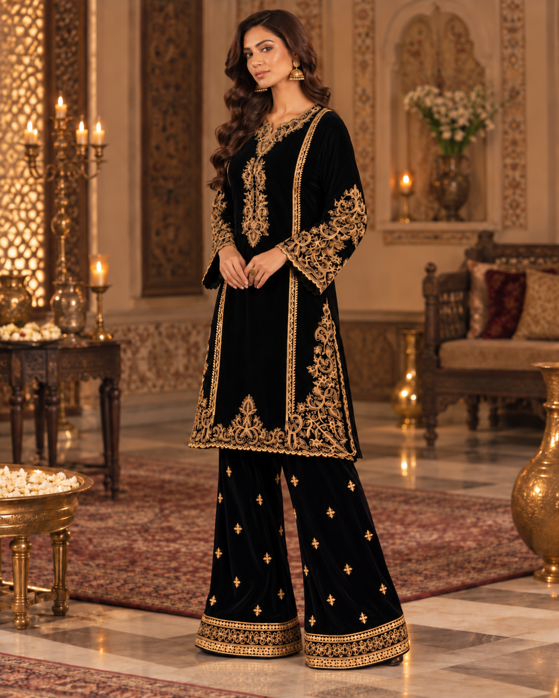 PC-951 Embroidered Micro Velvet Kurti with Plain Straight Trouser - 2 Pcs