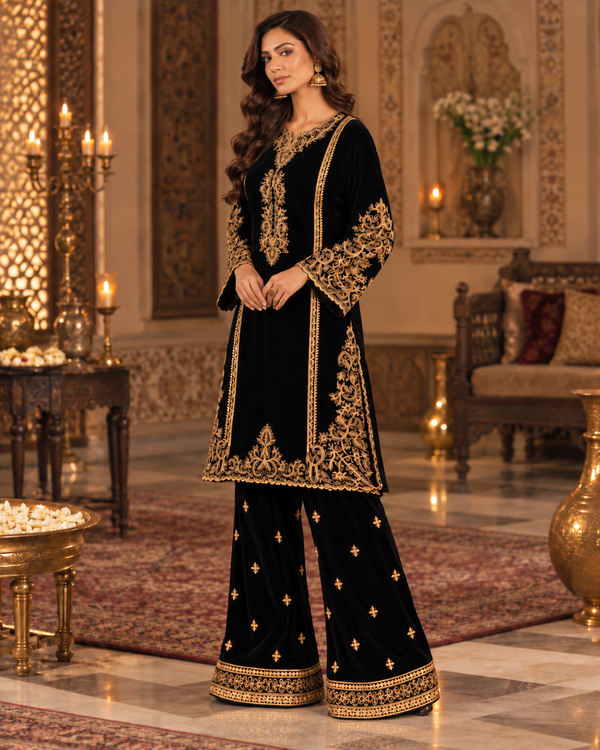 PC-951 Embroidered Micro Velvet Kurti with Plain Straight Trouser - 2 Pcs