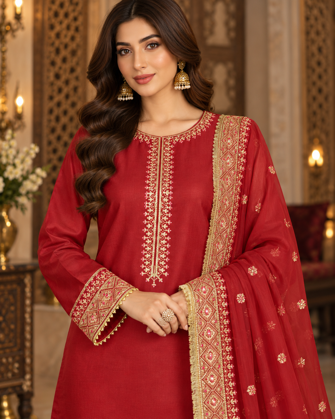 PC-961 Embroidered Premium Silk Shirt with Straight Trouser & Dupatta - 3 Pcs