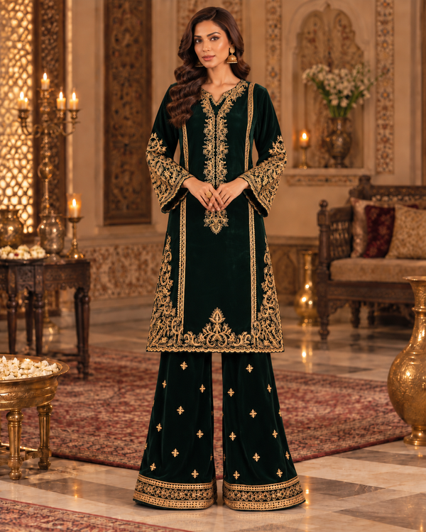 PC-95 Embroidered Micro Velvet Kurti with Plain Straight Trouser - 2 Pcs