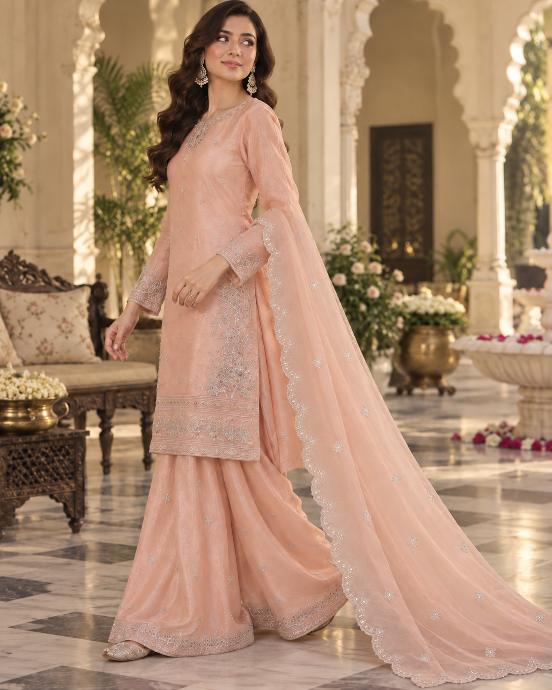 PC-931 Embroidered Silk Shirt with Flared Sharara & Cutwork Organza Dupatta - 3 Pcs