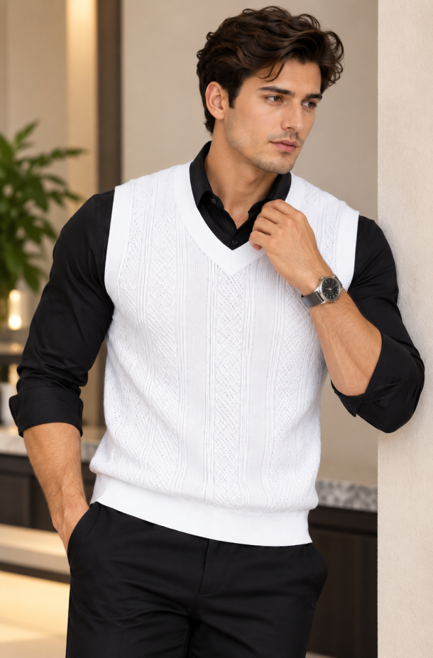 Eternity Men White Textured V-Neck Knitted Sweater