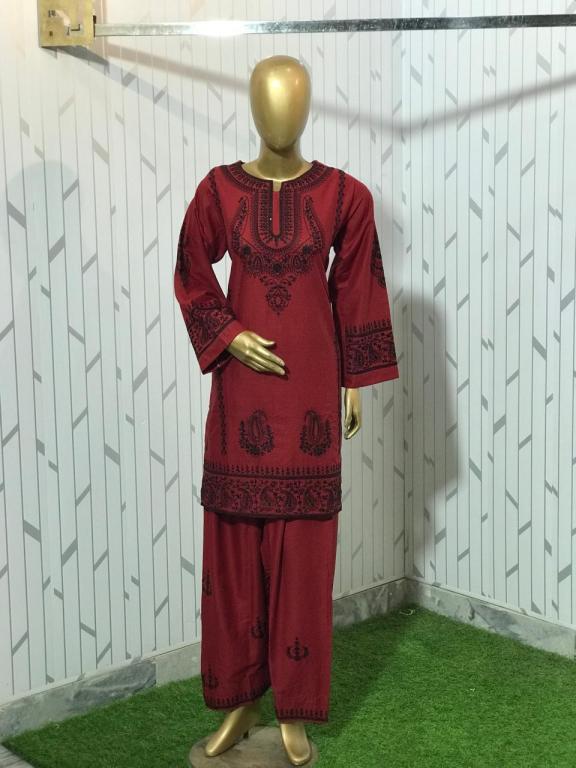 2Pc Stitched Embroidered Suit - Maroon Paisley Border