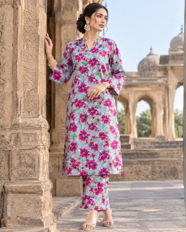 2 Pieces - Winter Slub Unstitched Powder Blue linen Allover Suit