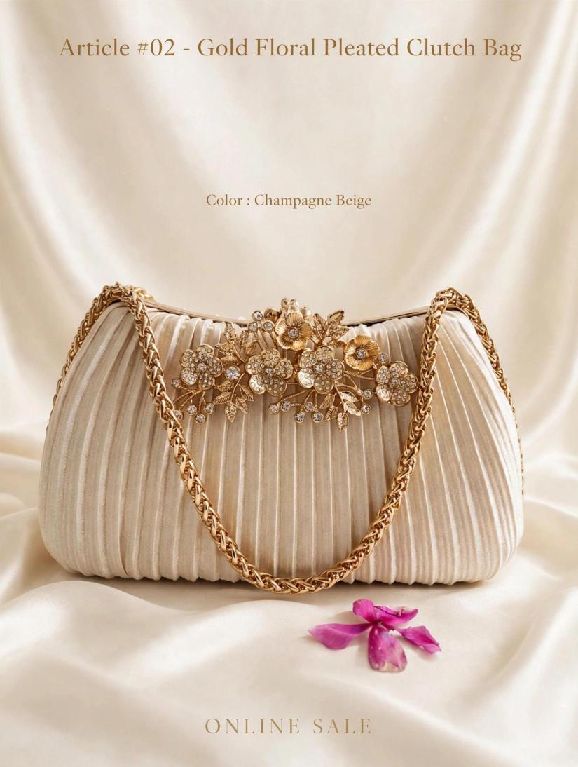 article 02 gold floral pleated clutch bag