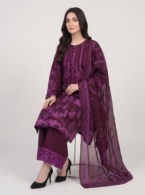 3 Pc Embroidered Lawn Cotton Stitched Suit - Plum Purple