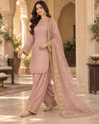 PC-92 Embroidered Silk Kurti with Tulip Shalwar & Organza Dupatta - 3 Pcs