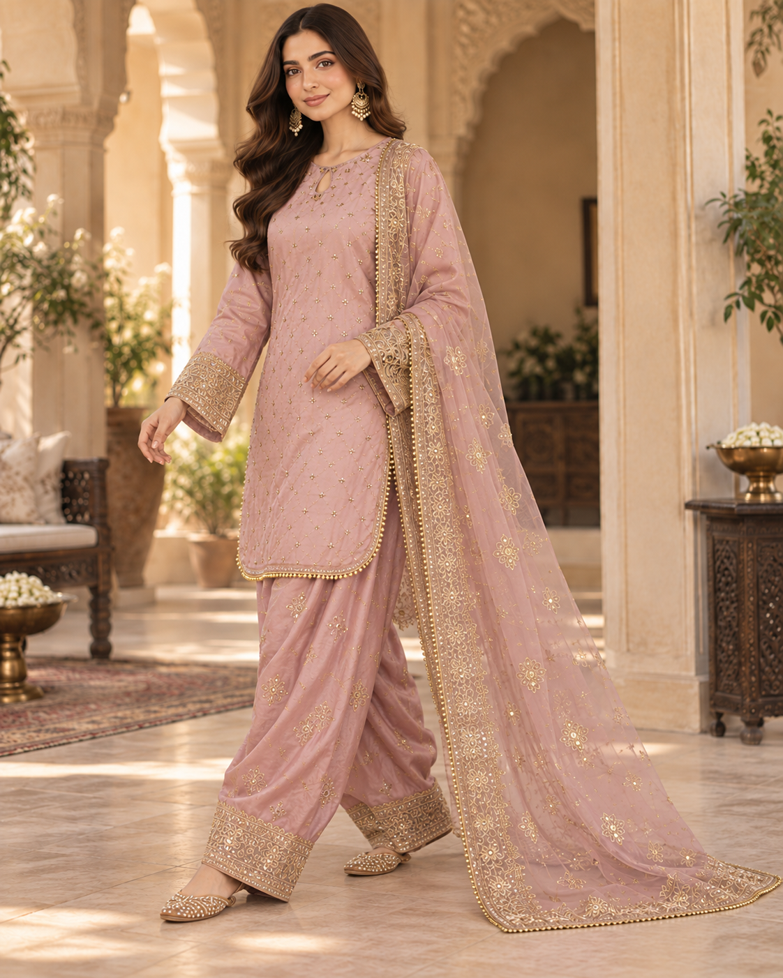 PC-92 Embroidered Silk Kurti with Tulip Shalwar & Organza Dupatta - 3 Pcs