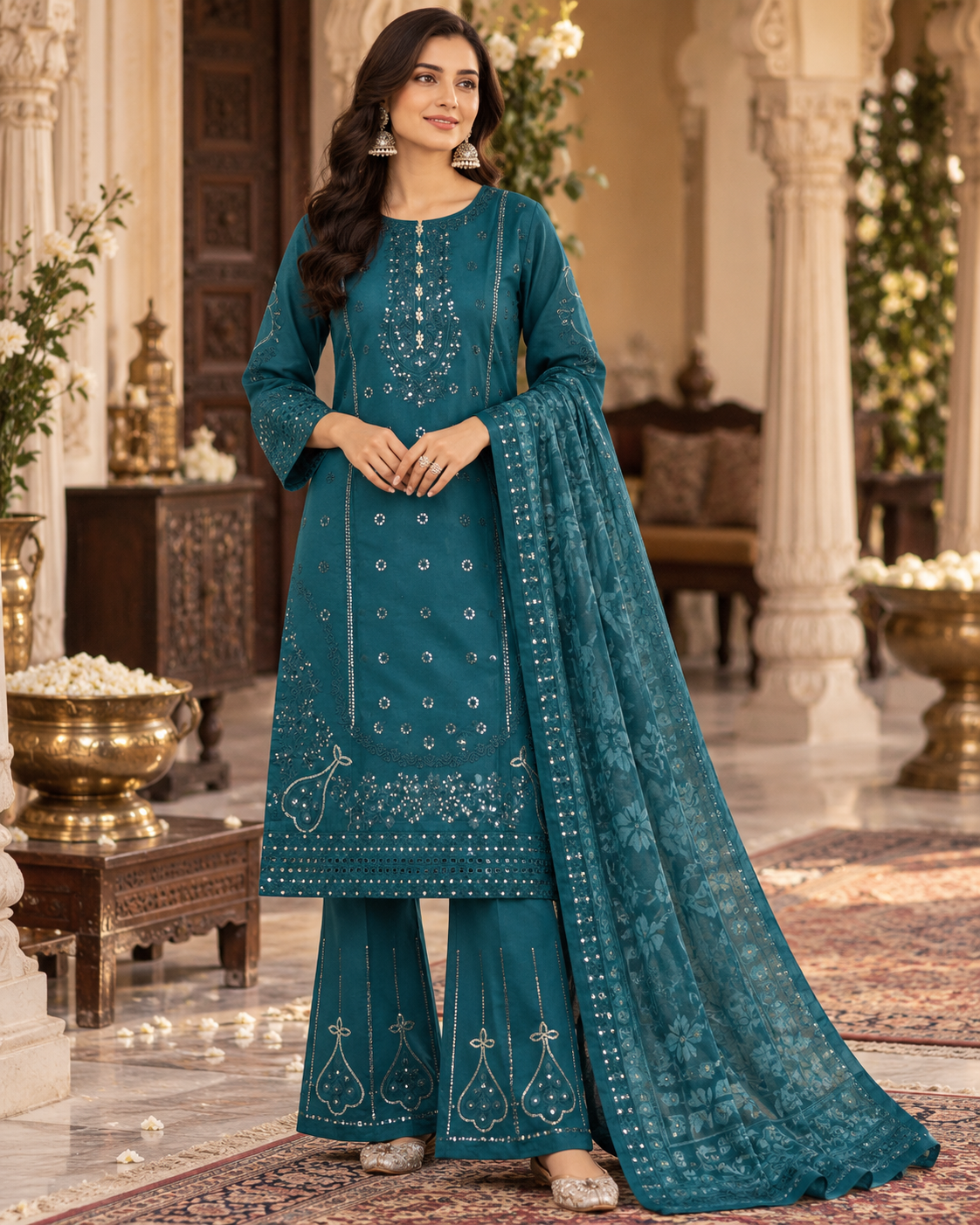 PC-971 Embroidered Cotton Shirt with Flared Trouser & Diamond Dupatta - 3 Pcs