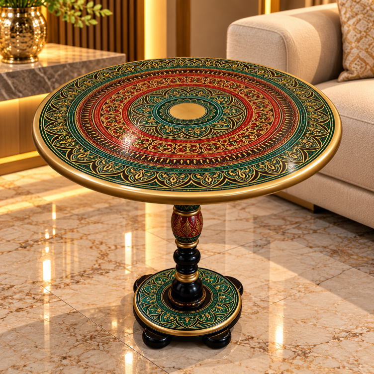 Luxury Round Accent Table with Mandala Design