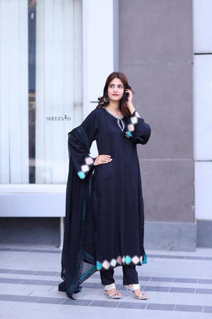 Noir Grace â€“ Black Embroidered Viscose 3 Piece Suit