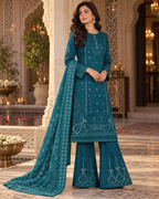 PC-971 Embroidered Cotton Shirt with Flared Trouser & Diamond Dupatta - 3 Pcs
