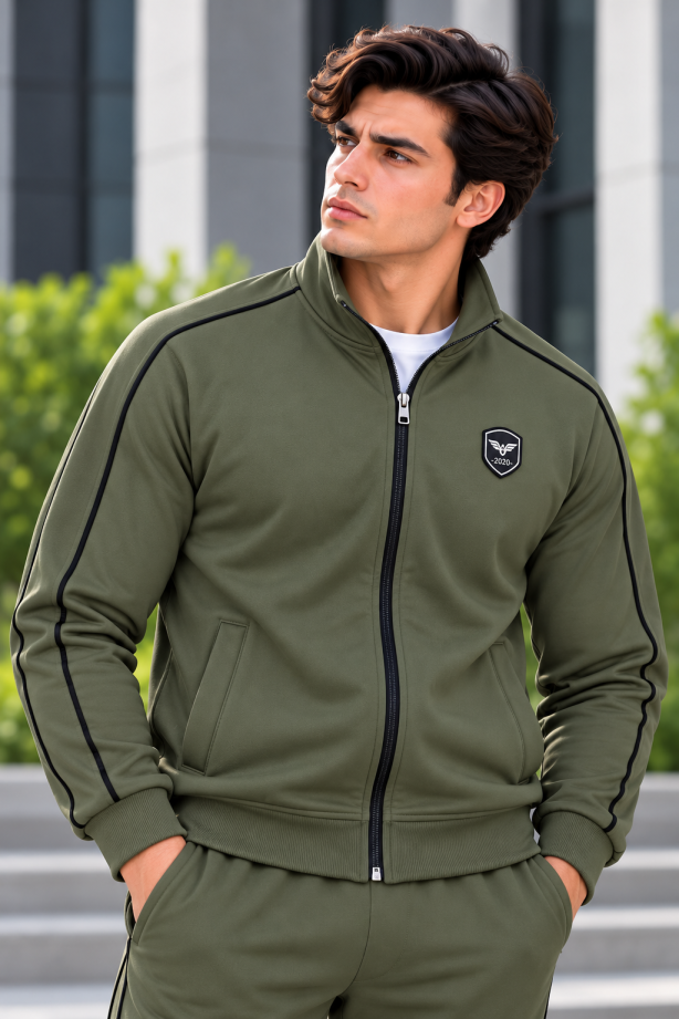 Eternity Men Premium Contrast Piping Zipper Olive Green