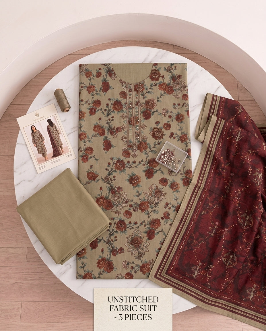 A041 Unstitched Embroidered Khadder Suit - 3 Pc