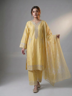 3 Pc Embroidered Lawn Cotton Stitched Suit - Pastel Yellow