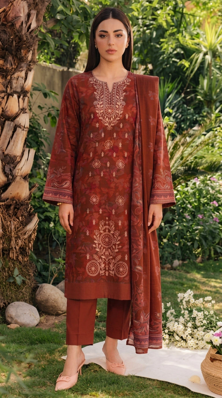 A036 Unstitched Embroidered Dhanak Suit - 3 Pc