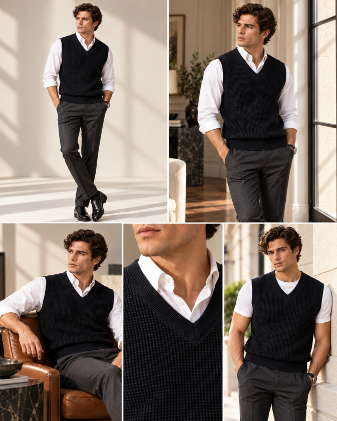 Eternity Men Black Textured V-Neck Knitted Sweater