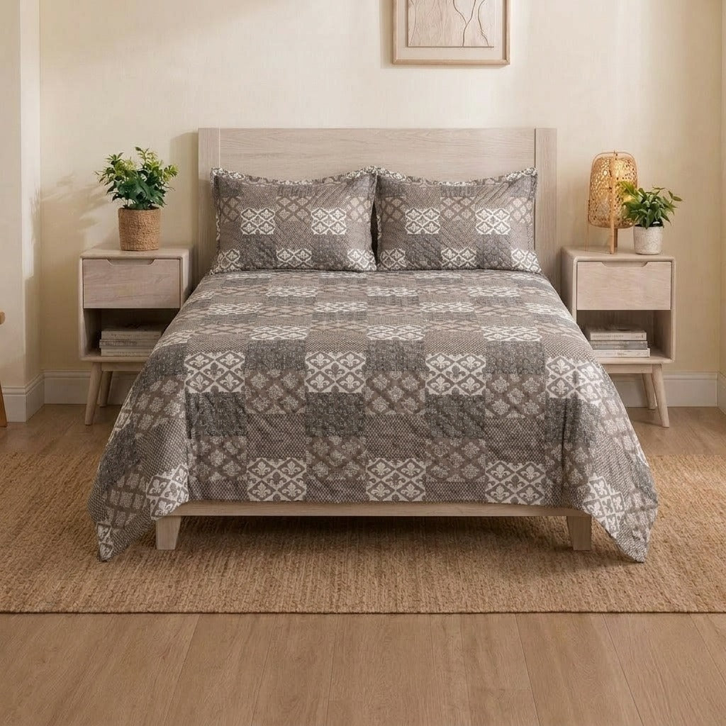Grey & White Geometric Printed Bedsheet Set Modern Ethnic Pattern Bedding with Matching Pillowcases