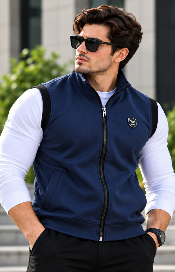 Eternity Men Premium Sleeveless Mock Neck Navy Blue Zipper