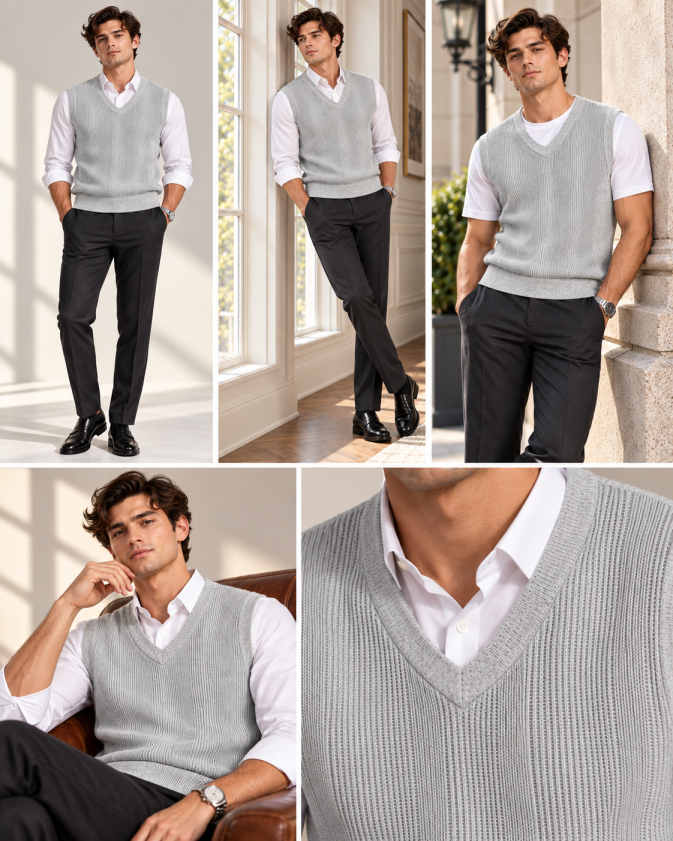 Eternity Men Grey Textured V-Neck Knitted Sweater