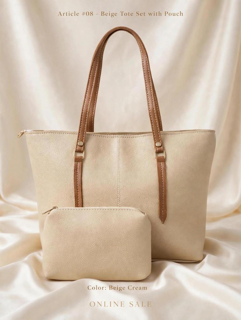 article 08 beige tote set with pouch