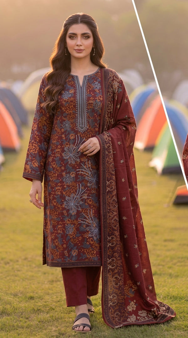 A033 Unstitched Embroidered Dhanak Suit - 3 Pc